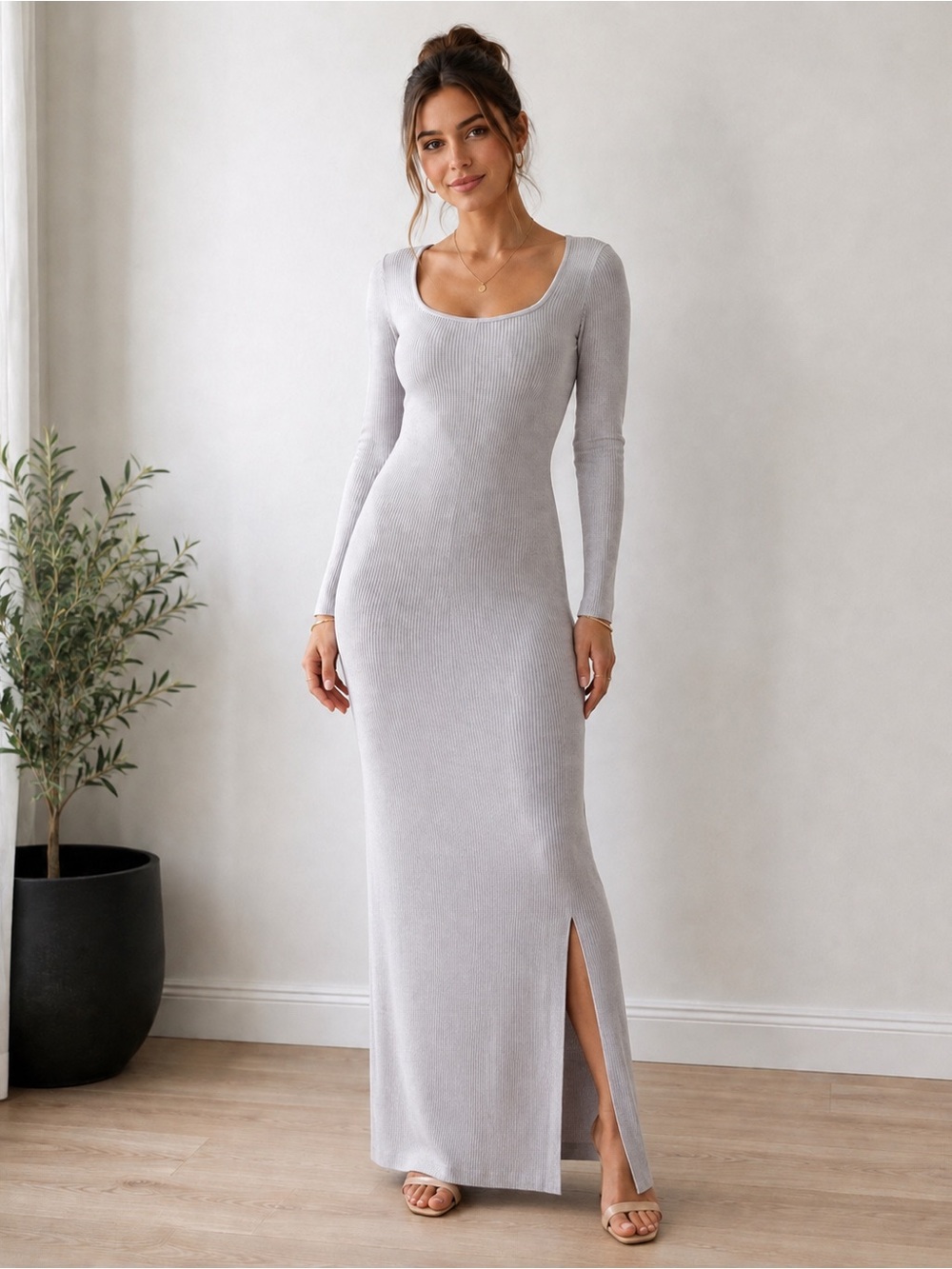 🔹 ANRABESS Gray Ribbed Knit Long Sleeve Maxi Dress Sz Small with Slit
